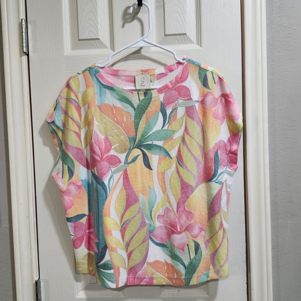 Sioni Womens‎ Tropical Floral Knit Top Pink Yellow Green Dolman Short Sleeve L